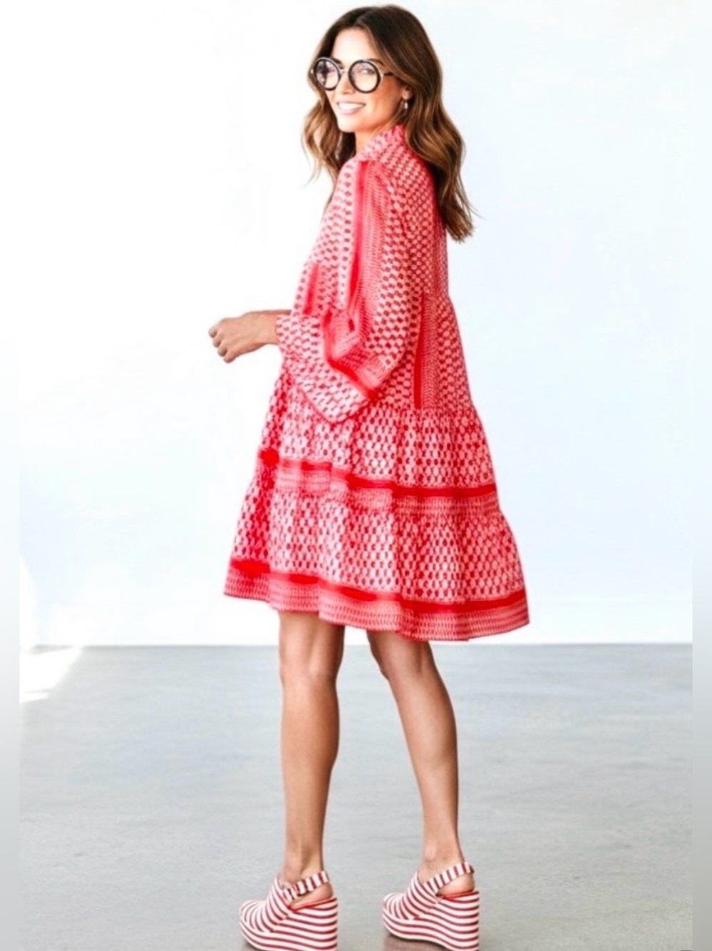 Misty Baby Doll Dress w/Red & Pink Vibrant Geometric Pattern Empire Waist- Mini